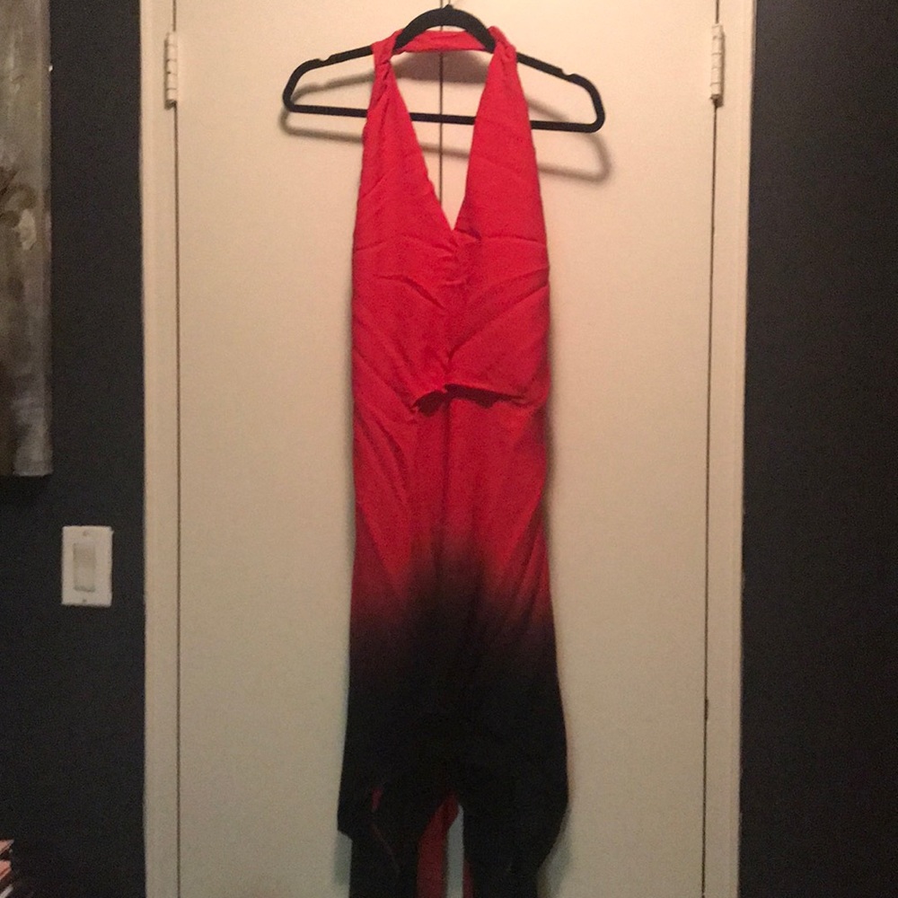 MAX AZRIA OMBRÉ RED & BLACK SCARF DRESS